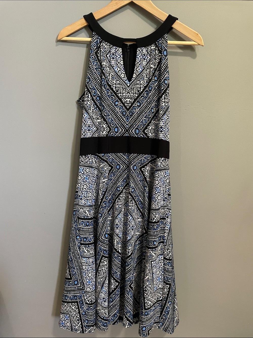 le chateau Black and Blue Patterned Midi Fit-and-Flare Dress